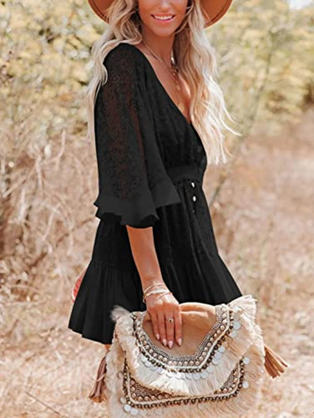 White Lace Bikini Cover Up - Sexy Deep V Neck Tunic with Ruffles & Long Sleeves