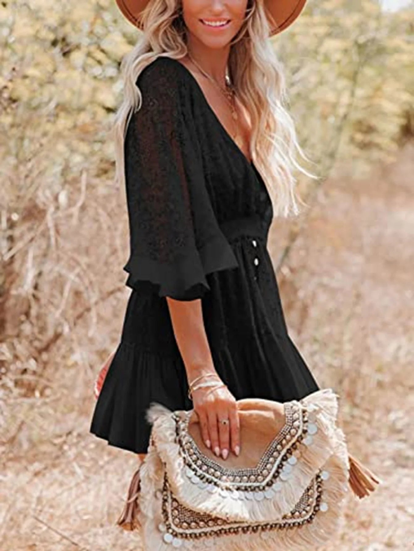 White Lace Bikini Cover Up - Sexy Deep V Neck Tunic with Ruffles & Long Sleeves