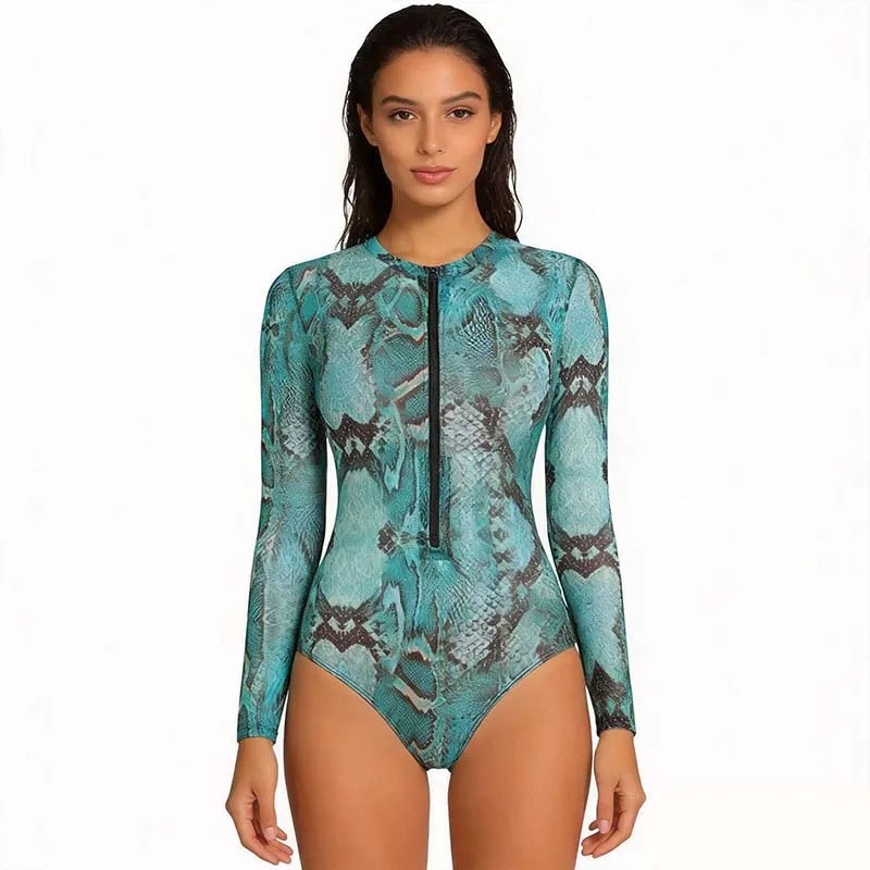 Women's 3D Snake Print Long Sleeve Swimsuit | Zipper Front Surf Swimwear