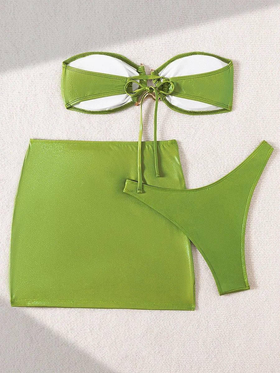 3 Piece Bandeau Bikini Set with Sarong - Women's Swimsuit for Beach & Bathing