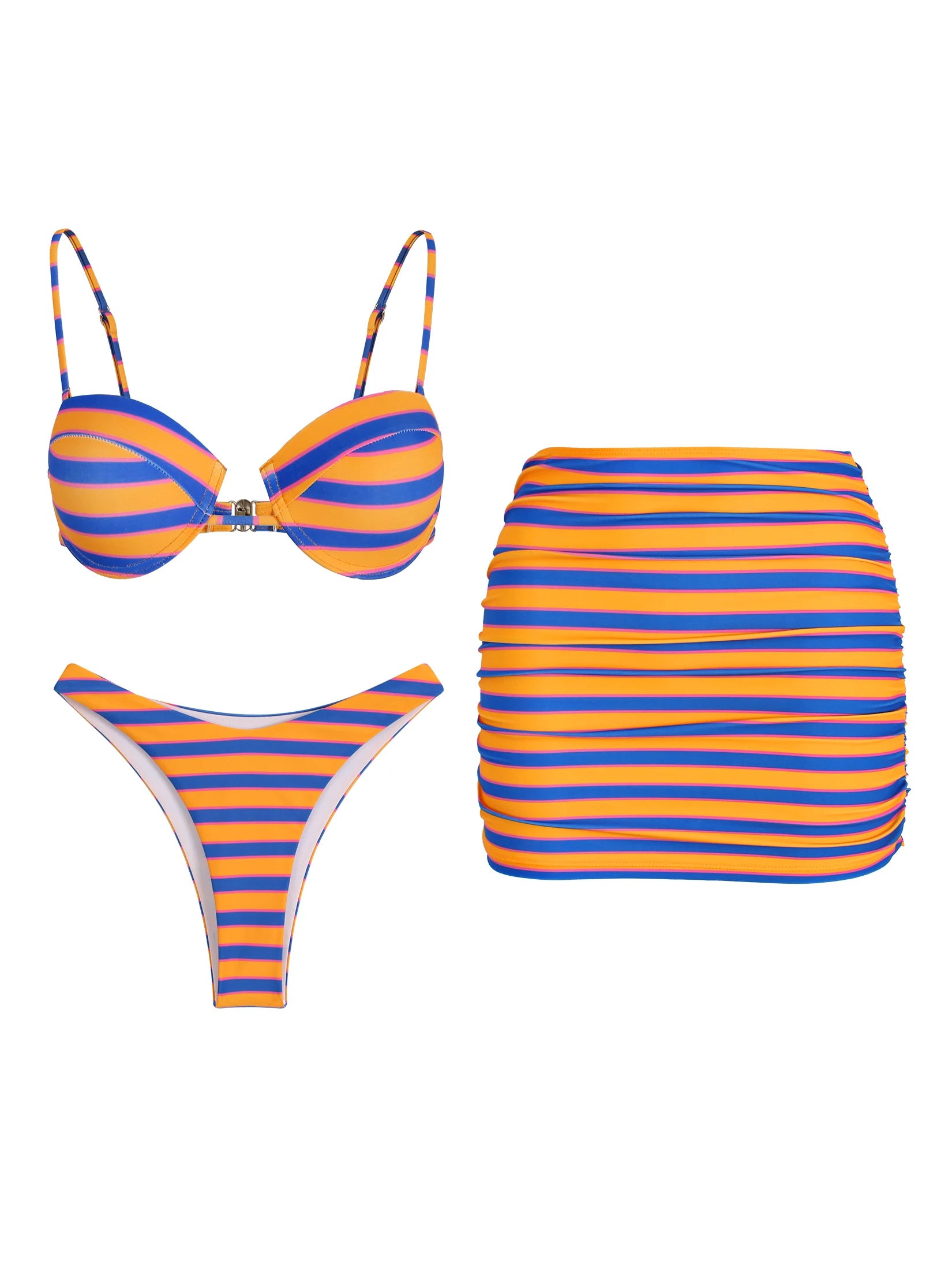 Women's Striped 3-Piece Bikini Set | Triangle Swimsuit with Mini Skirt
