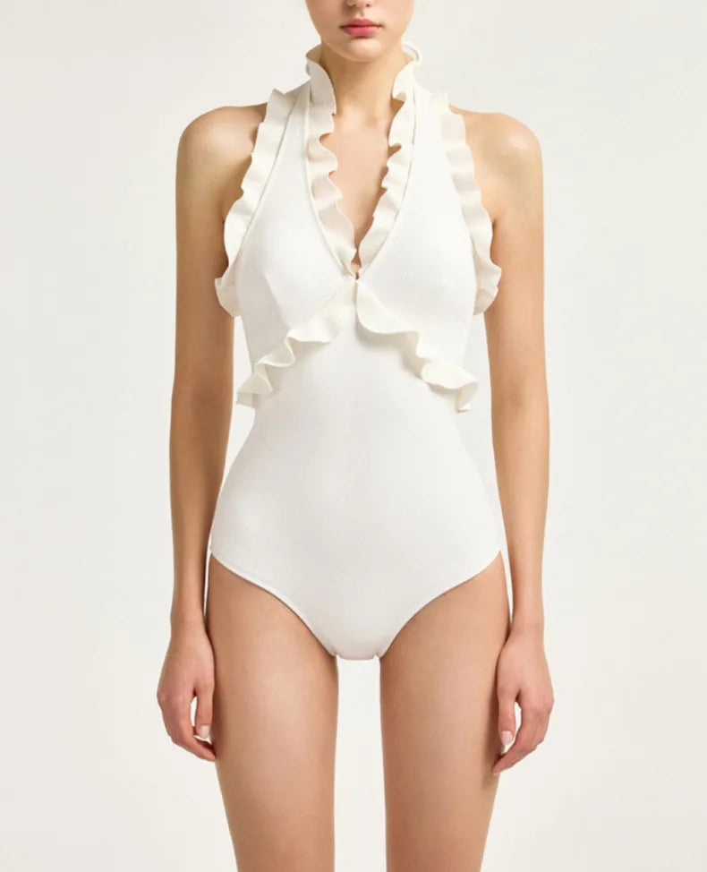 Women's Low-Cut Ruffled One-Piece Swimsuit | Halter Lace-Up Backless Swimwear