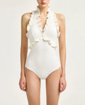 Women's Low-Cut Ruffled One-Piece Swimsuit | Halter Lace-Up Backless Swimwear