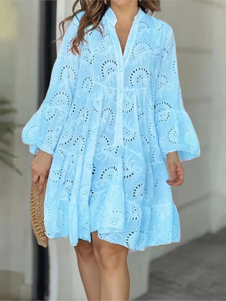 Women's Hollow Out Lace Dress - Elegant Vintage V-Neck Mini Dress with Long Sleeves