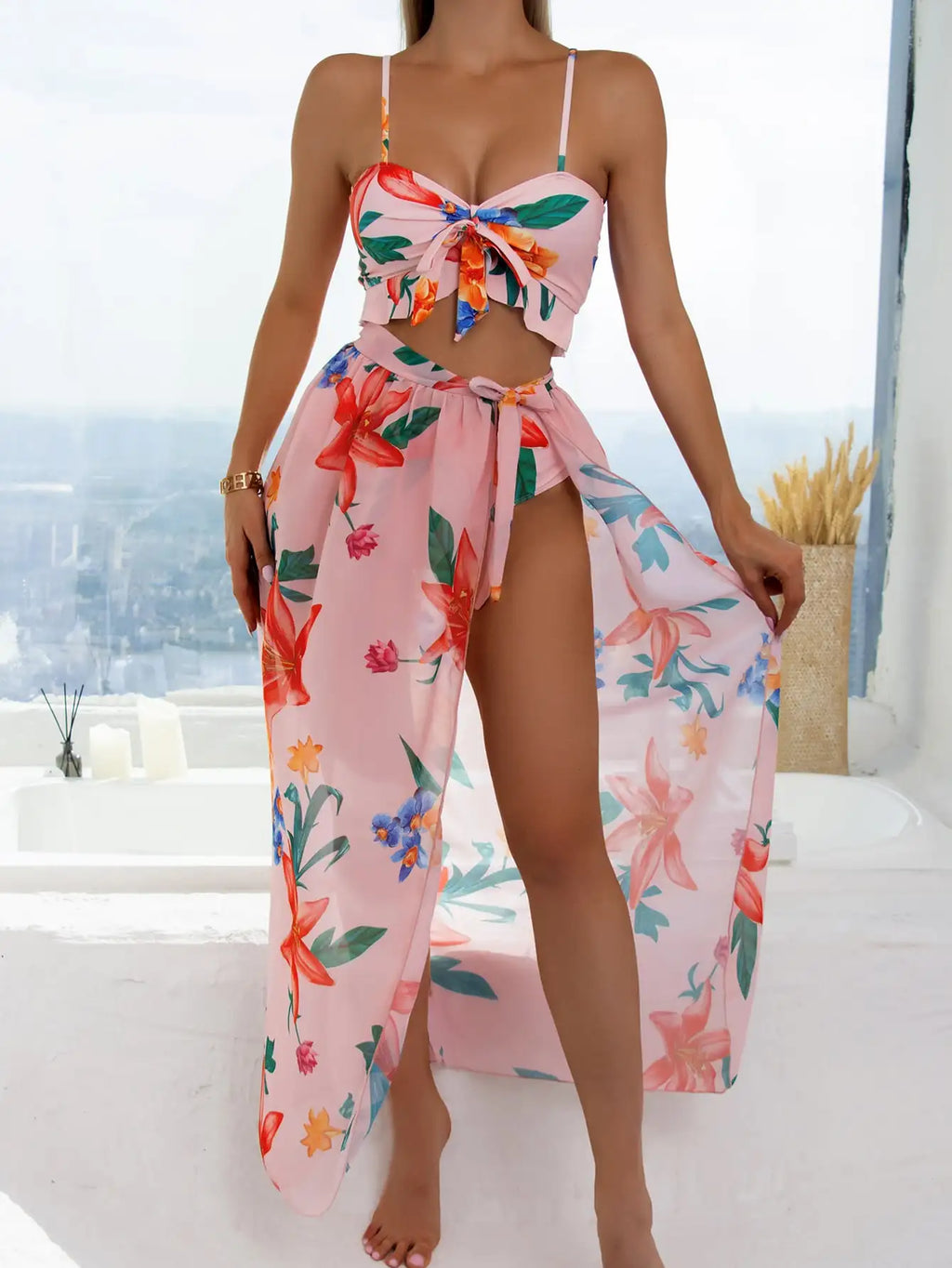 Floral Print 3 Piece Bikini Set - Knot Front Ruffle Swimsuit with High Waist Skirt