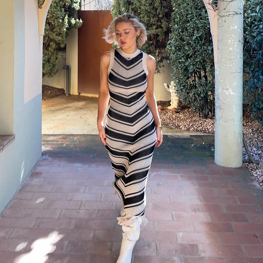 Knitted Beach Cover Up Dress - Elegant Striped Long Dress with Tassels | Boho Holiday Outfit
