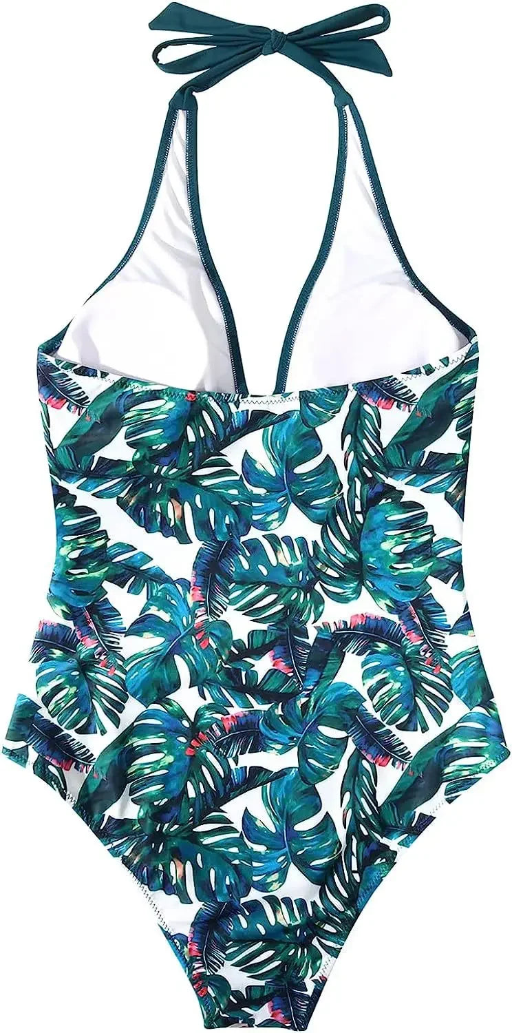 Women's Wrinkled Halter One Piece Swimsuit | V Neck Backless Monokini S-XXL