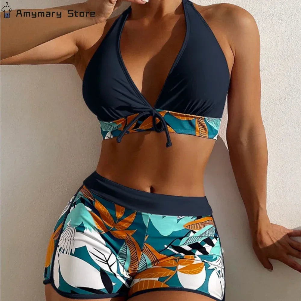 Color Block Sports Bikini Set - Women's Sexy Hanging Neck Cross Split Swimwear for Beach