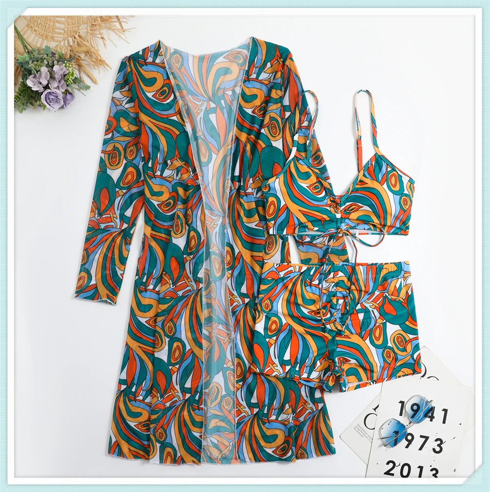 Sexy Printed 3 Piece Bikini Set - High Waist Swimsuit with Cover Up for Women