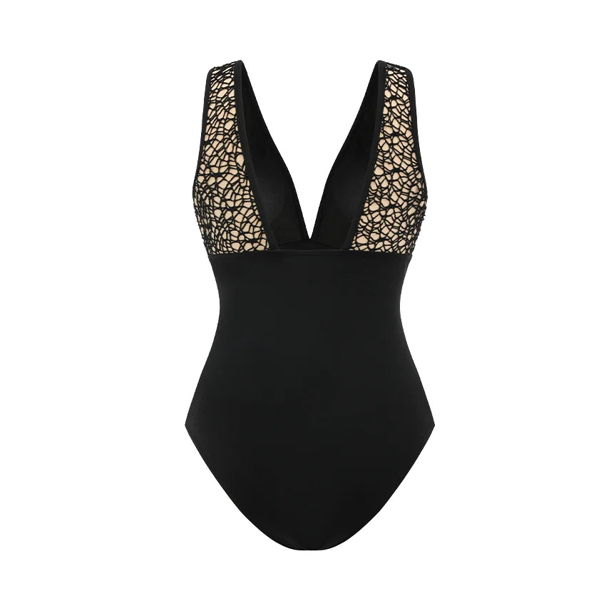 Women's Black Lace Cutout Swimsuit Set | V-Neck Swimwear with Matching Skirt