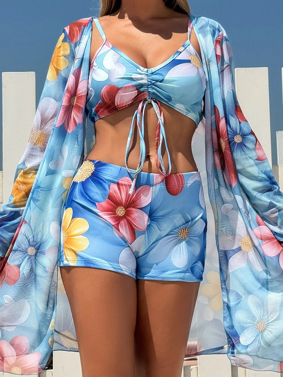 Tie Dye 3 Piece Bikini Set with Shorts - Drawstring Front High Waist Swimwear