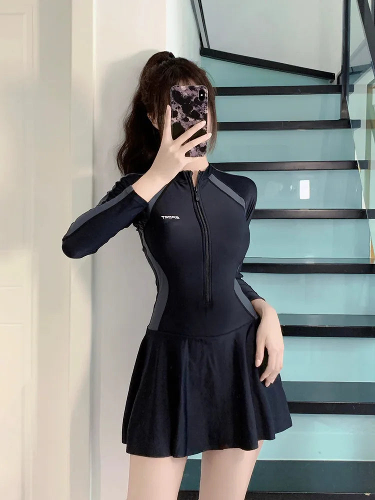 Women's Long Sleeve Swimsuit Dress | Tummy Control Conservative One-Piece Swimwear