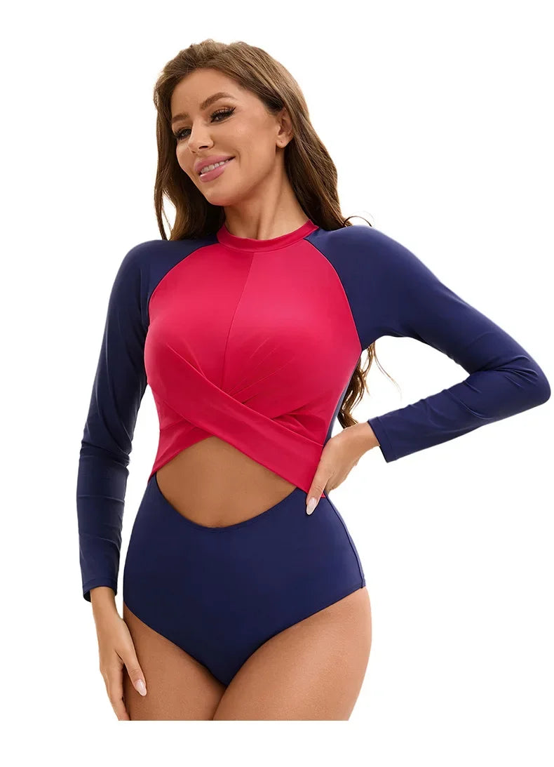 Women's Sporty Color Block Swimsuit Set | Long Sleeve & High Waist Surf Swimwear