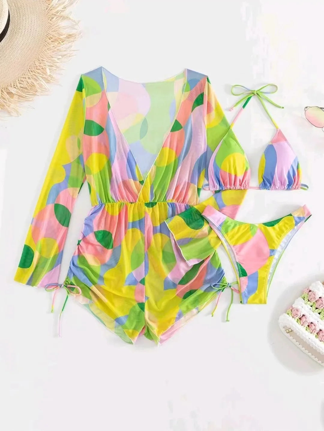 Print 3 Piece Bikini Set with Long Sleeve - Women's Cross Halter Swimwear for Beach