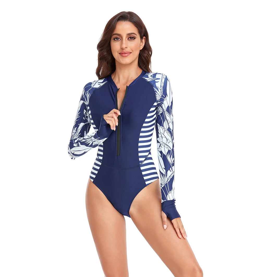 Leaves Print Rash Guard One Piece - Long Sleeve Swimwear for Women with Front Zipper