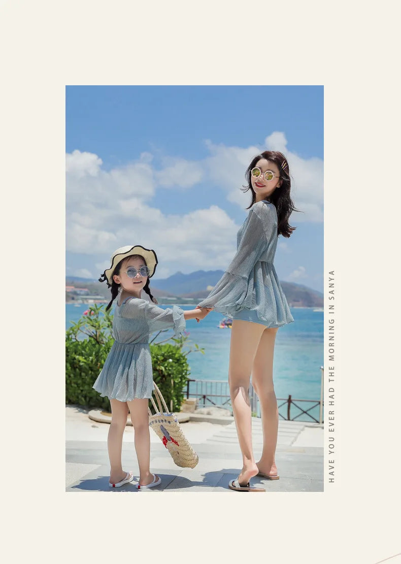 Mother-Daughter Matching Swimsuit Set | Long Sleeve Sun Protection Cover Up & Bikini 3-Piece