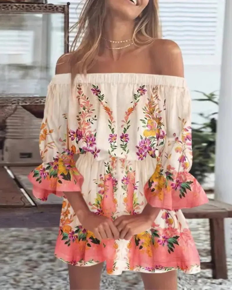 Women's Off Shoulder Ruffle Mini Dress | Puff Sleeves with Floral Print for Summer Beach