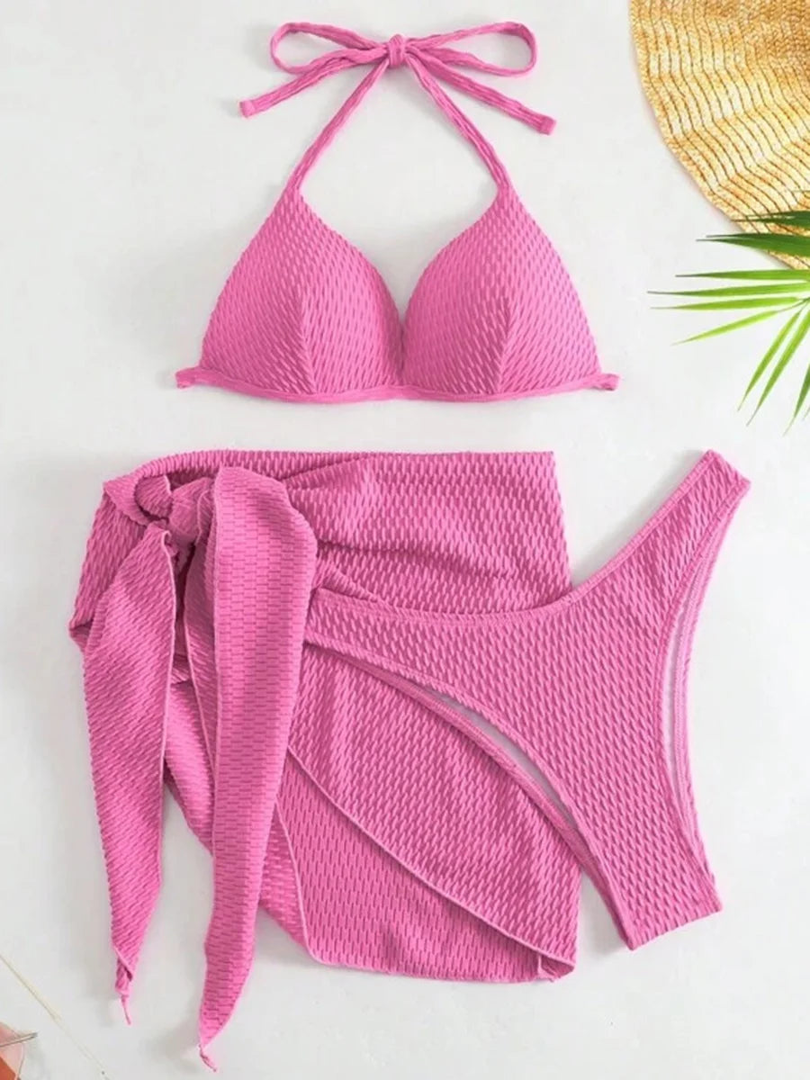 Women's 3-Piece Wrinkled Bikini Set | Push Up Swimwear with Beach Sarong