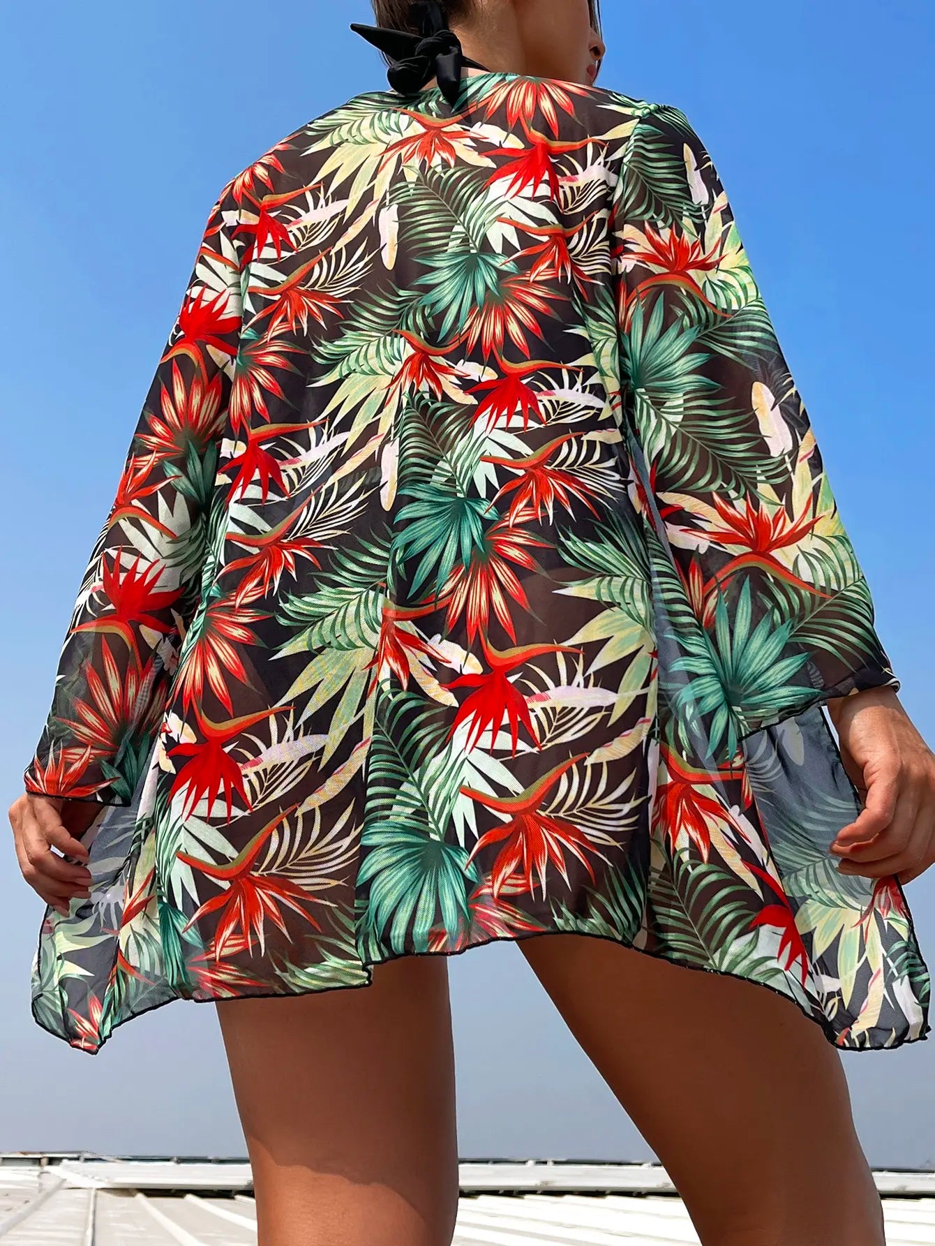 Print 3 Piece Bikini Set with Kimono - Halter High Waist Swimsuit for Women