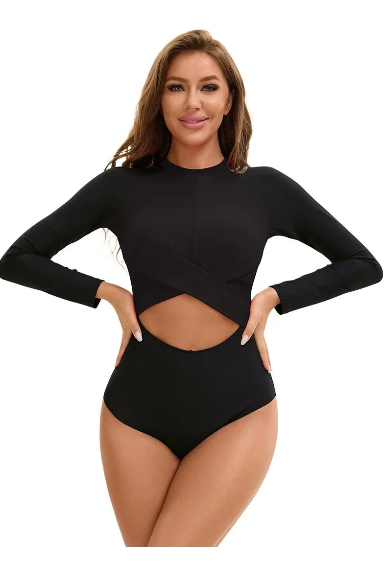 Women's Sporty Color Block Swimsuit Set | Long Sleeve & High Waist Surf Swimwear