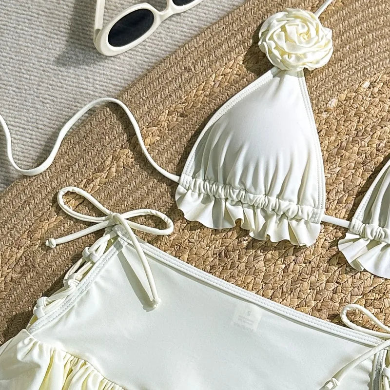 Women's 3-Piece 3D Flower Triangle Bikini Set | Thong Bottom with Cover Up Skirt