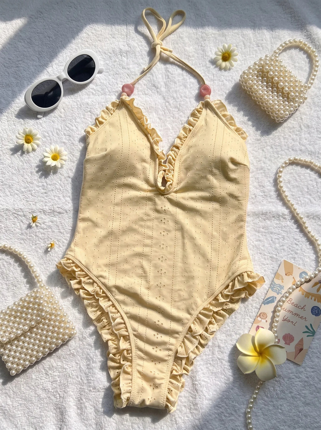 Women's Vintage Pearl Halter One Piece Swimsuit | Ruffled V-Neck Backless Swimwear