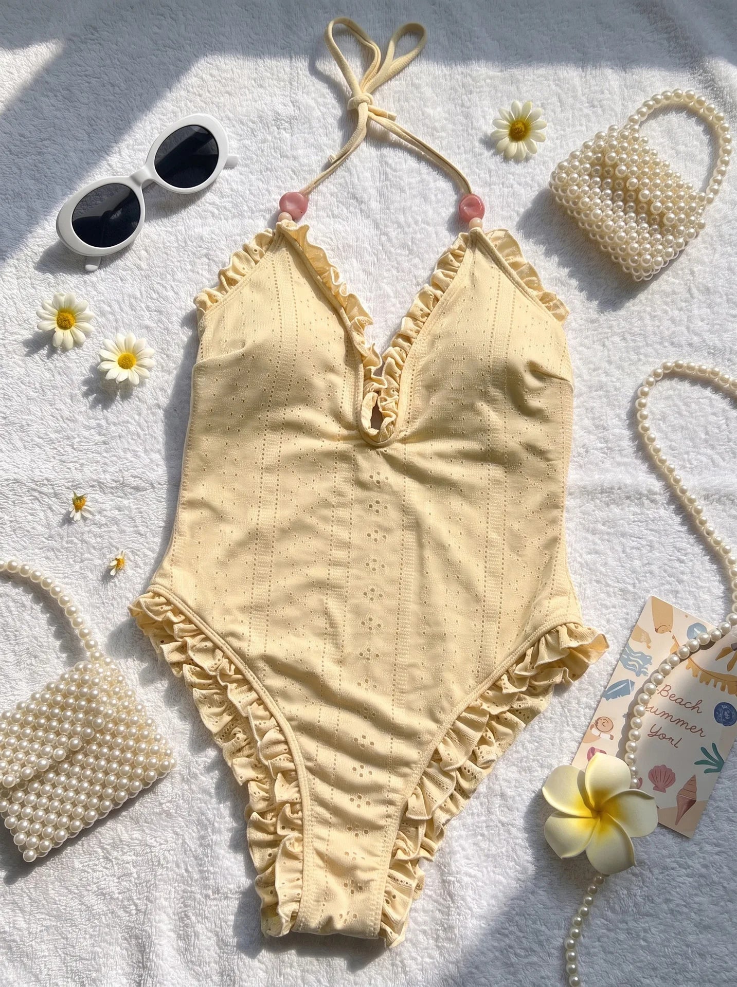 Women's Vintage Pearl Halter One Piece Swimsuit | Ruffled V-Neck Backless Swimwear