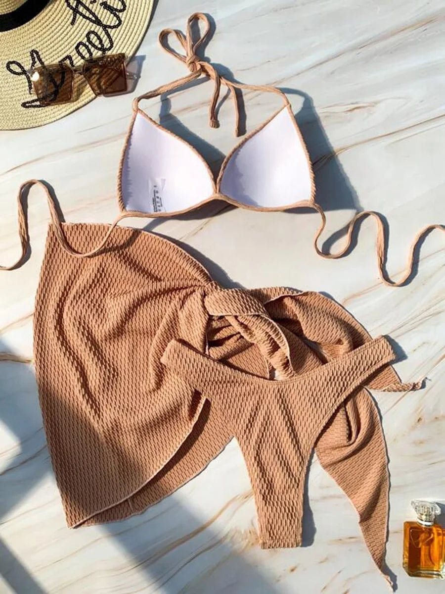 Women's 3-Piece Wrinkled Bikini Set | Push Up Swimwear with Beach Sarong