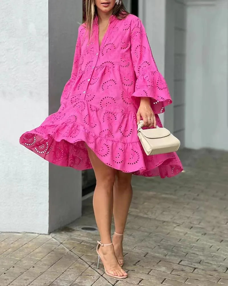 Women's Hollow Out Lace Dress - Elegant Vintage V-Neck Mini Dress with Long Sleeves