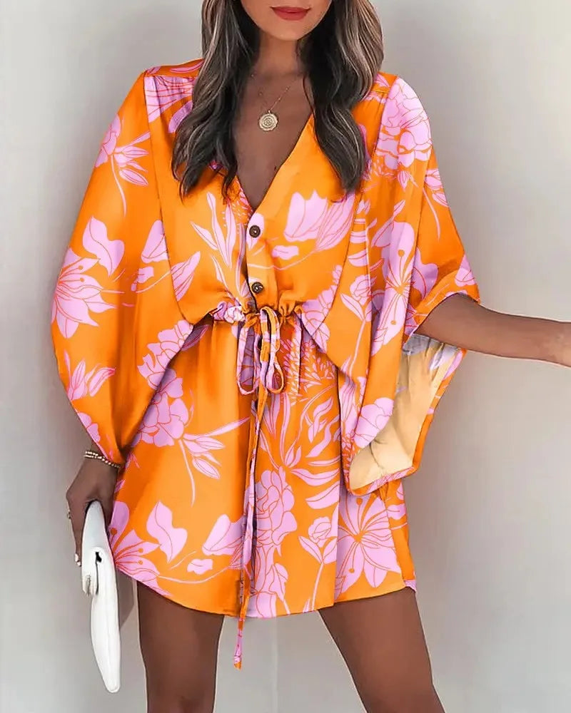 Women's Floral Print Batwing Sleeve Dress | V-Neck Ruffle Hem Boho Summer