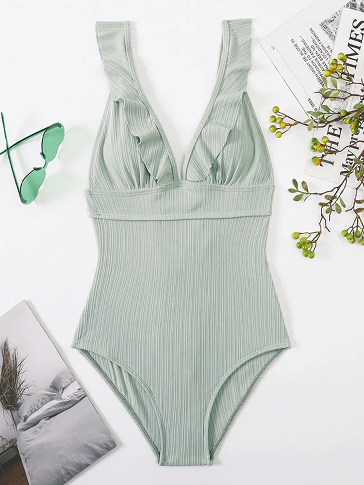 Women's Ruffle One Piece Swimsuit | V-Neck Backless Swimwear with Padded Bra
