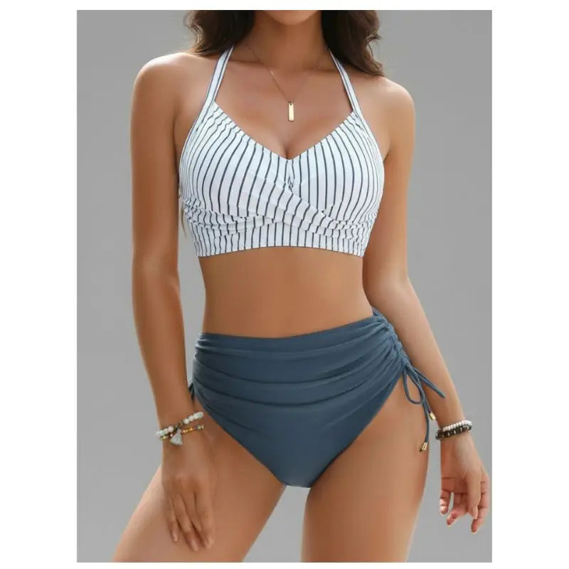 CIKINI Women's High Waist Criss-Cross Bikini Set | Metal Pendant & Adjustable Drawstring