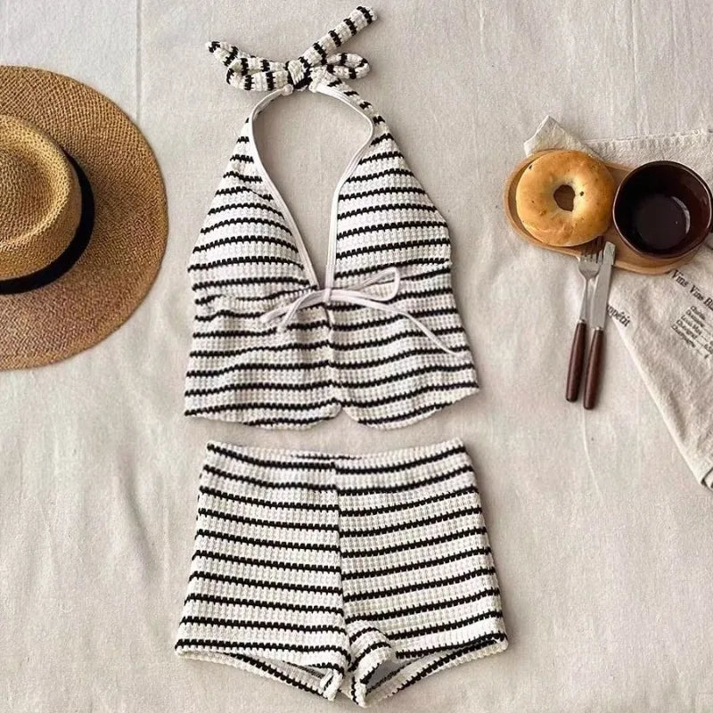 Women's Striped Knit Bikini Set | Halter Deep V Neck Two-Piece Swimsuit