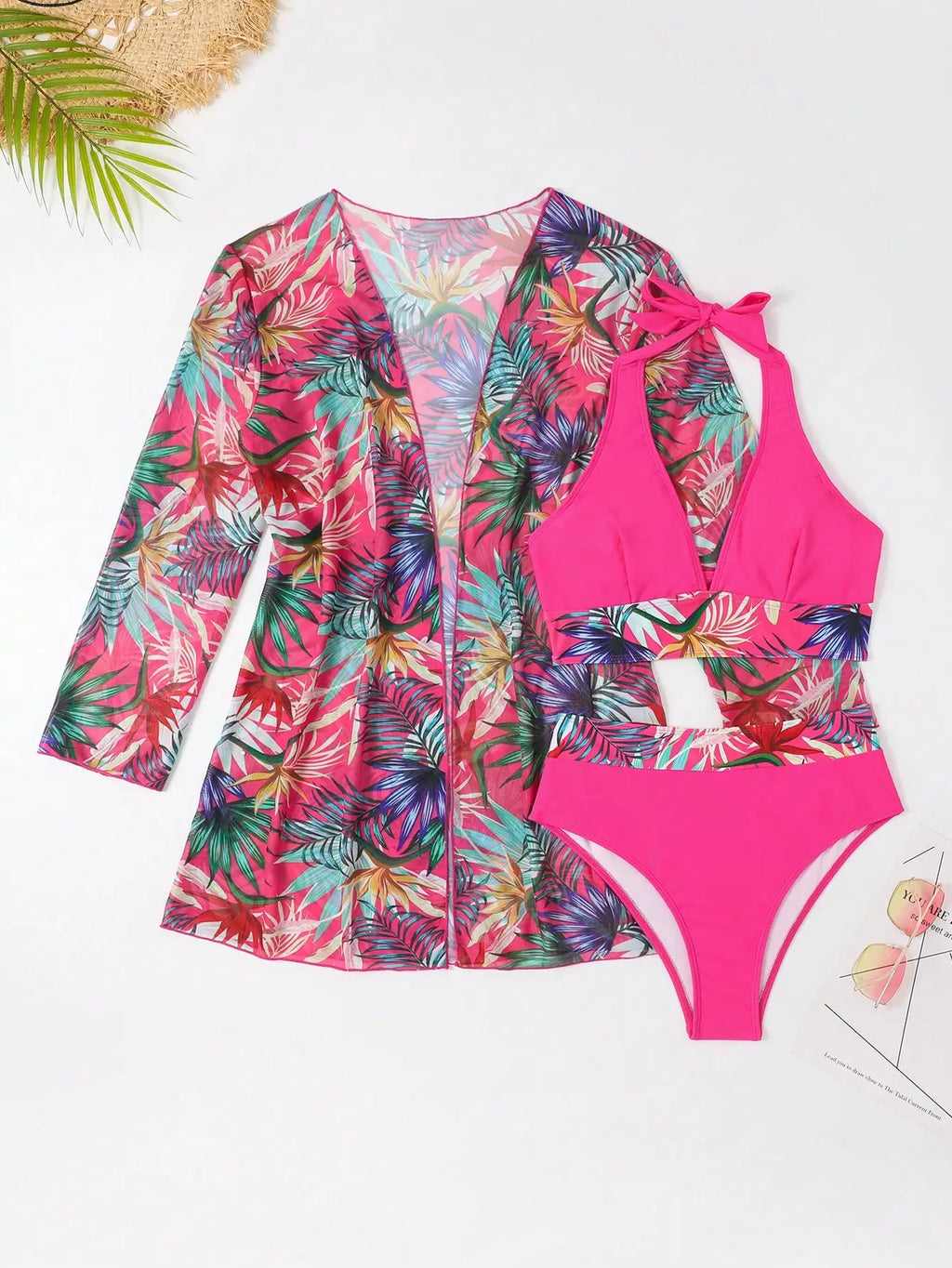 Print 3 Piece Bikini Set with Kimono - Halter High Waist Swimsuit for Women