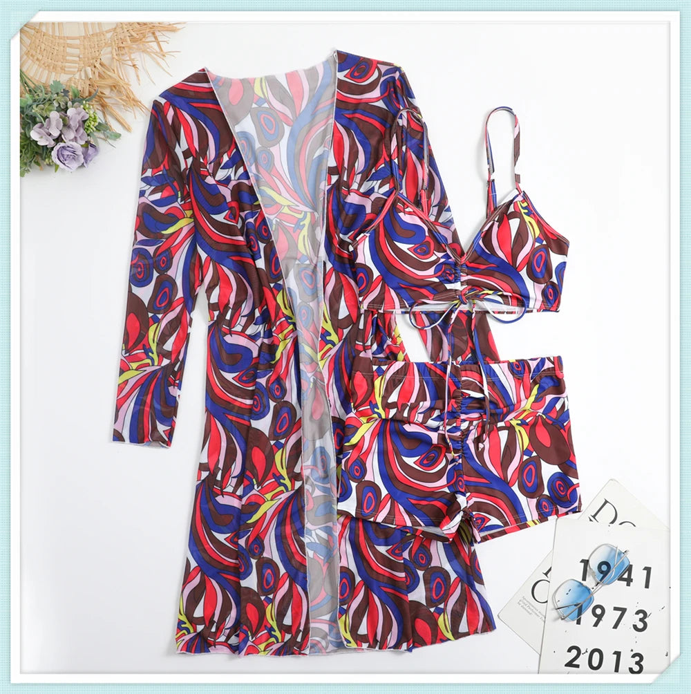 Sexy Printed 3 Piece Bikini Set - High Waist Swimsuit with Cover Up for Women