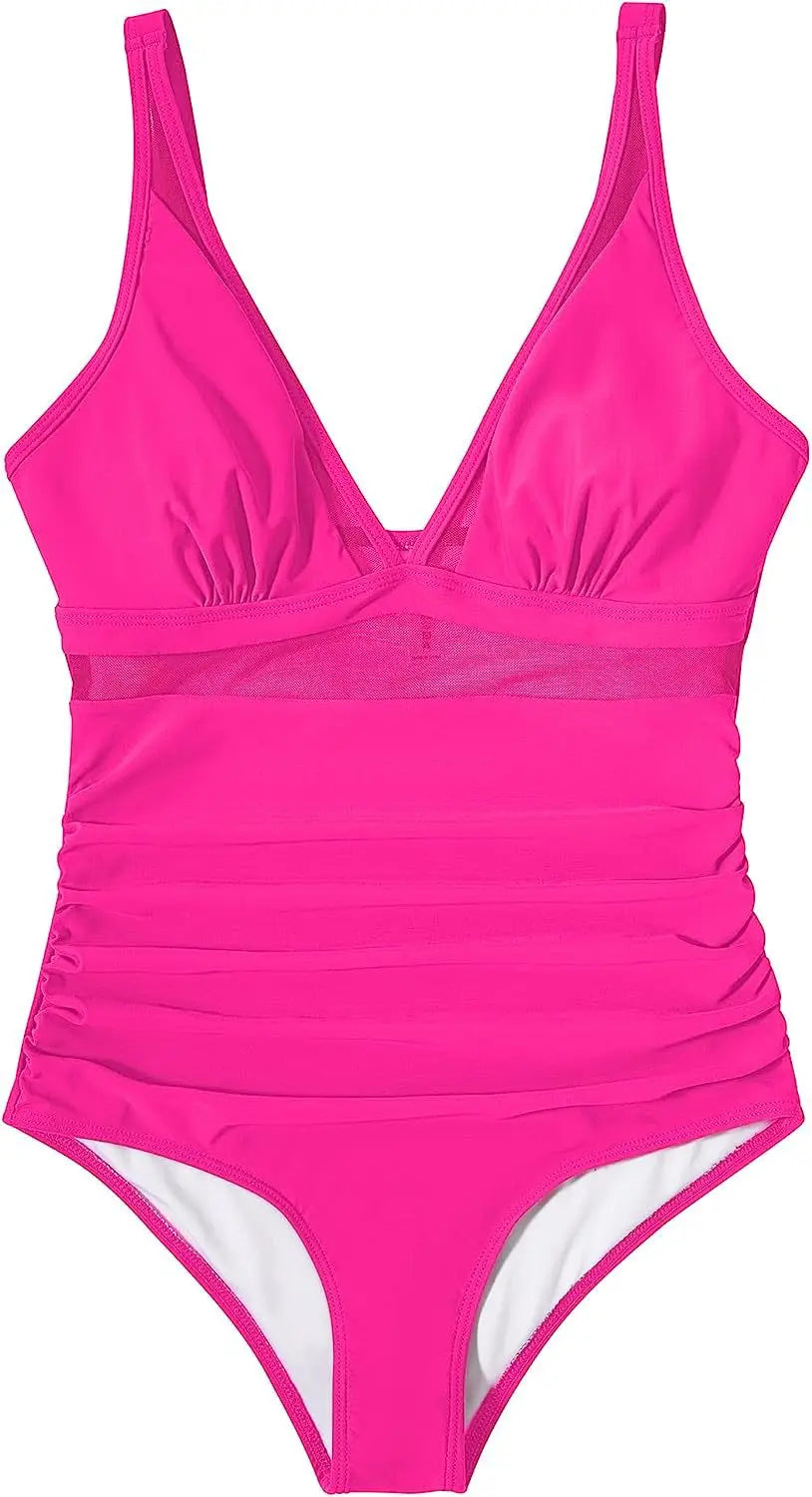 Deep V Neck One Piece Swimsuit - Removable Bra Plain Monokini for Women