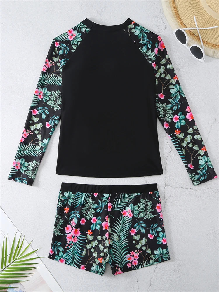 Women's Long Sleeve Tankini Swimwear Set - High Waist Boxer Shorts 2 Piece Beachwear