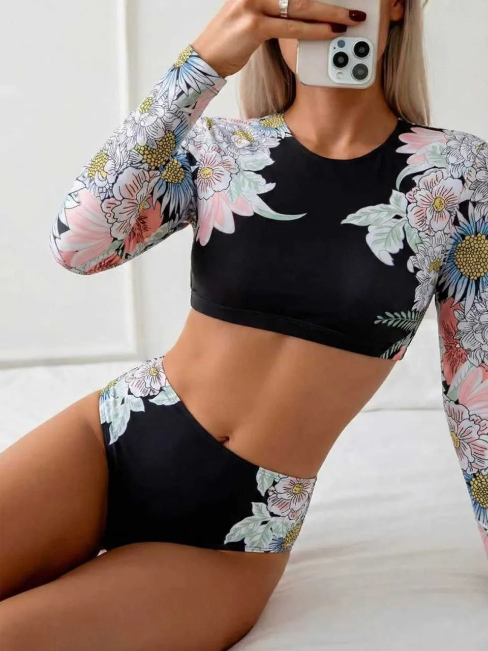 Women's Long Sleeve Floral Print Surfing Swimsuit | Two-Piece Rash Guard Set