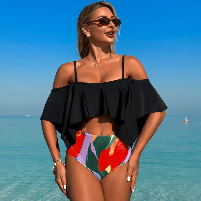 Women's Ruffle High Waist Bikini Set | Ruffle Top & Printed Shorts for Summer Beach