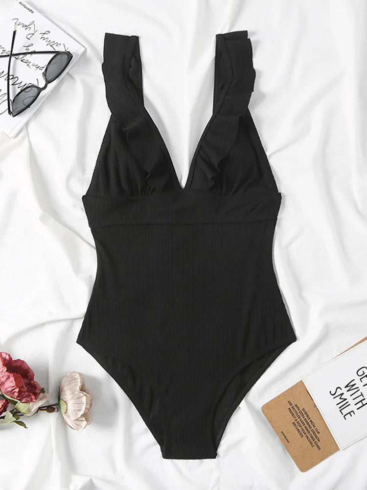 Women's Ruffle One Piece Swimsuit | V-Neck Backless Swimwear with Padded Bra