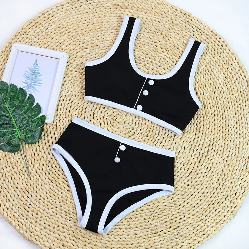 Women's High Waist Ribbed Bikini Set | Two-Piece Swimwear with Shorts