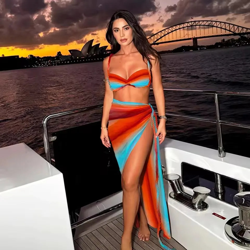 Gradient Print 3 Piece Bikini Set - Sexy Push Up Swimsuit with Long Skirt Cover Up