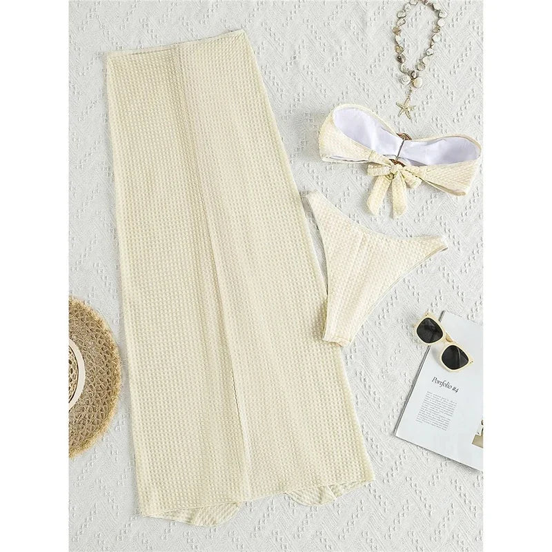 Women's 3 Piece Metal Buckle Bikini Set - Micro Strapless Bandage Style with Slit Ruffled Skirt