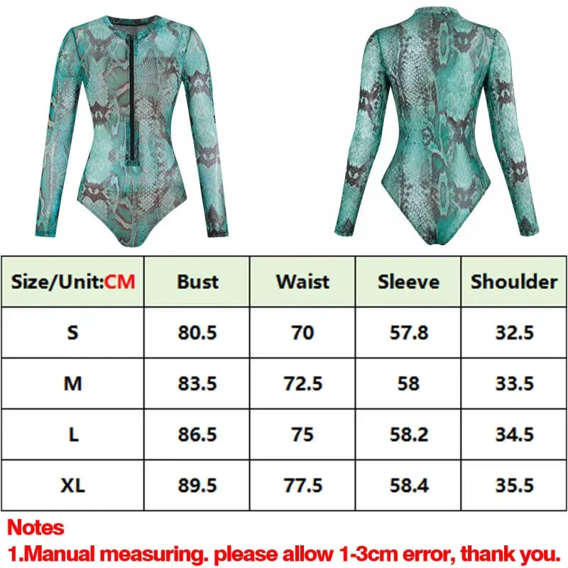 Women's 3D Snake Print Long Sleeve Swimsuit | Zipper Front Surf Swimwear