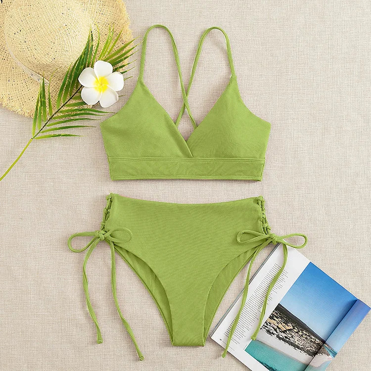 CIKINI Women's V-Neck Lace Up Bikini Set | Solid Color Triangle Swimwear
