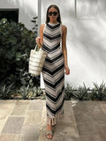 Knitted Beach Cover Up Dress - Elegant Striped Long Dress with Tassels | Boho Holiday Outfit