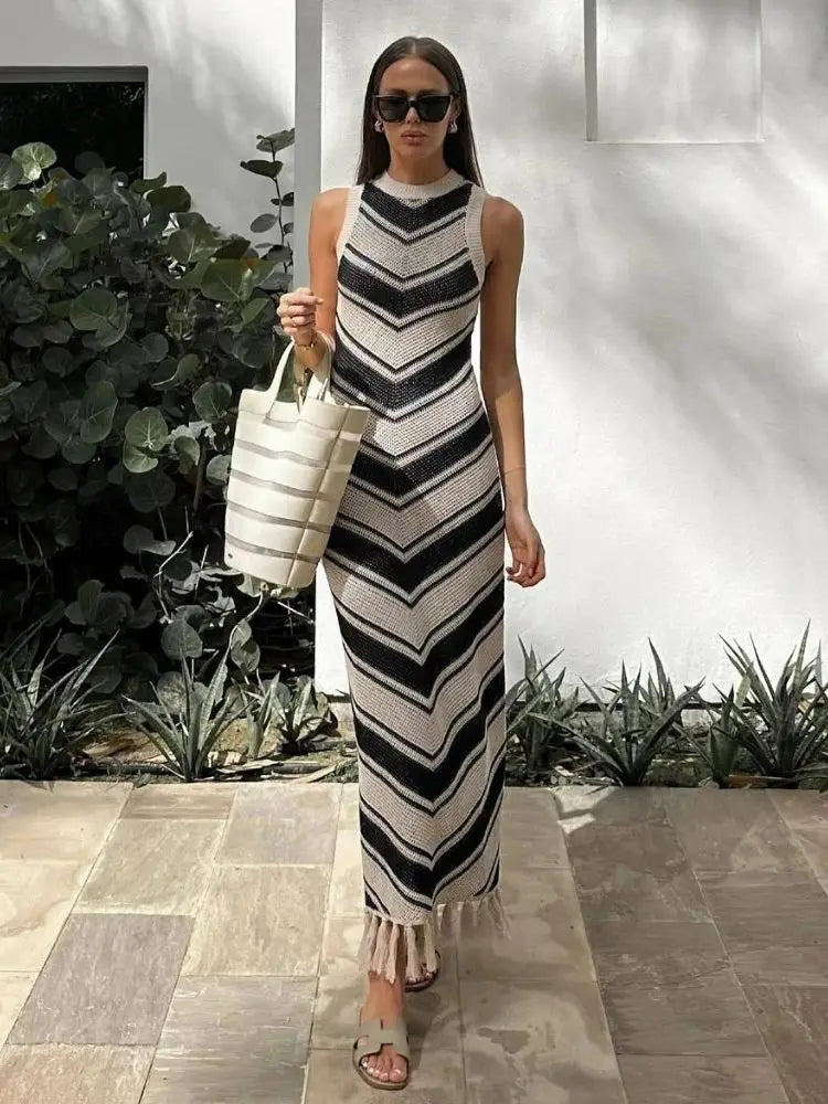 Knitted Beach Cover Up Dress - Elegant Striped Long Dress with Tassels | Boho Holiday Outfit