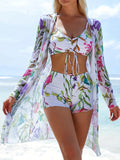 Tie Dye 3 Piece Bikini Set with Shorts - Drawstring Front High Waist Swimwear