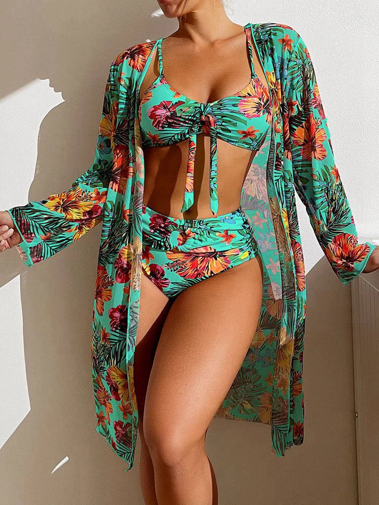 Floral Print 3 Piece Bikini Set with Mesh Blouse - Long Sleeve High Waisted Swimsuit