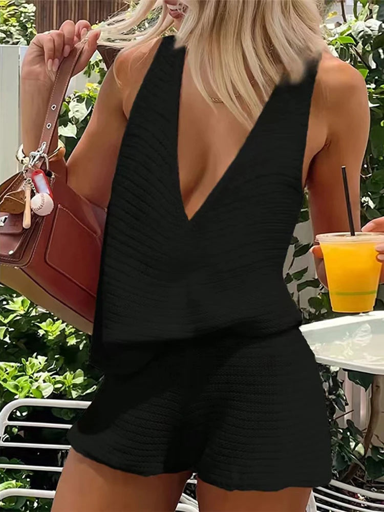 Women's Knitted Beach Set | Deep V-Neck Lace Up Vest & Shorts